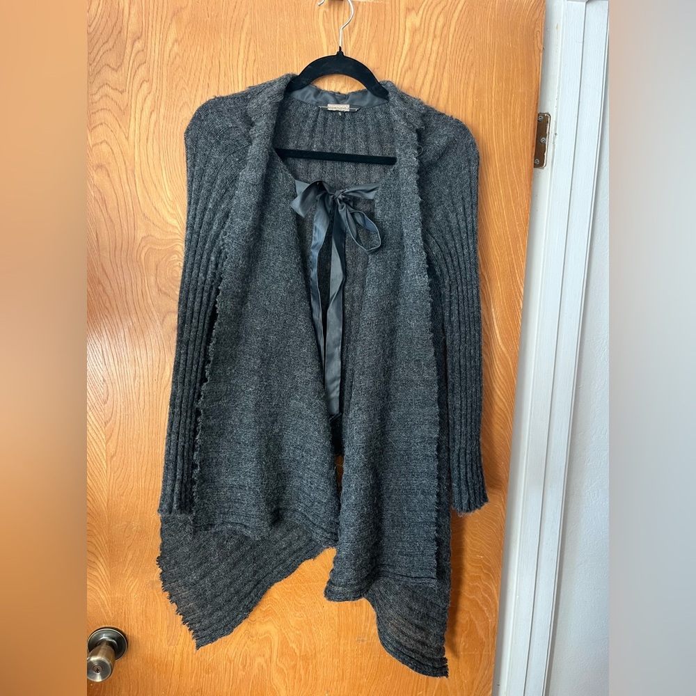 Rozae Nichols Gray tie front Cardigan Sweater Classic ribbed Knit  S